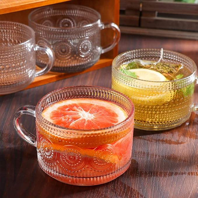 Vintage Glass Coffee Mugs Set of 4,14 OZ Embossed Glass Coffee Cups Coffee Mugs for Cereal, Yogurt, Latte, Clear Breakfast Cups with Handle for Housewarming Gifts (2*Flower+2*Beads) - Image 3