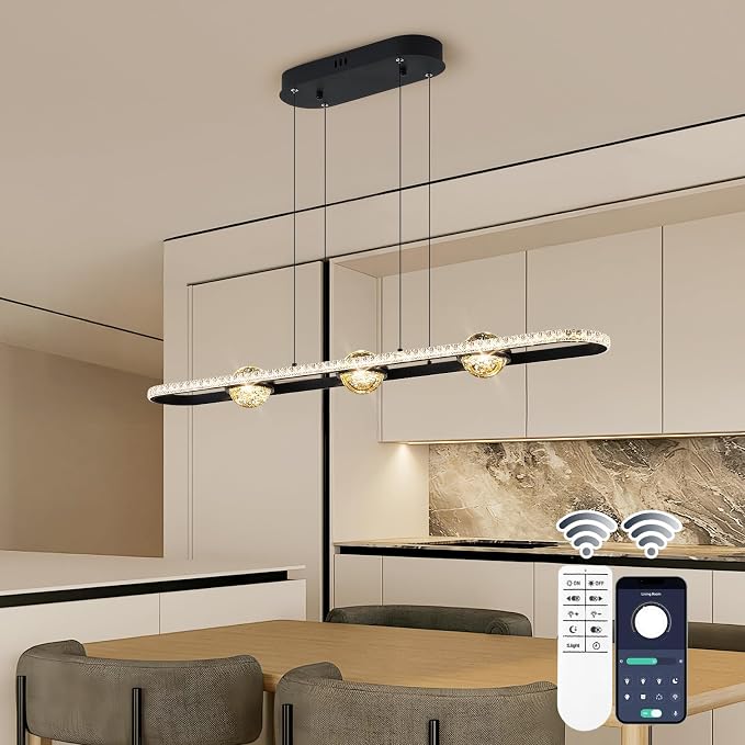 ORANOOR Modern LED Pendant Lights, Dimmable 39inch Crystal Globe Chandelier | Linear LED Chandelier Rectangle Black Dining Room Hanging Light Fixtures Kitchen Island Pendant Light Over Dining Table, 40W by ORANOOR