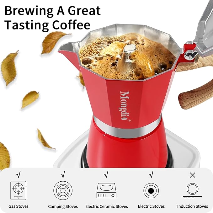 Mongdio Stovetop Espresso Maker Moka Pot, Cuban Coffee Maker Stove top coffee maker Moka Italian Espresso Greca Coffee Maker Brewer Percolator, 9 Espresso Cups, 15 oz - Red
