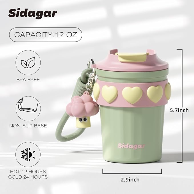 SDGA+ 12 oz Travel Coffee Mug Spill Proof Leak Proof, Stainless Steel Thermal Coffee Cup with Lid, Resuable Cup for Hot and Cold, Portable Tumbler for Women, Green - Image 2