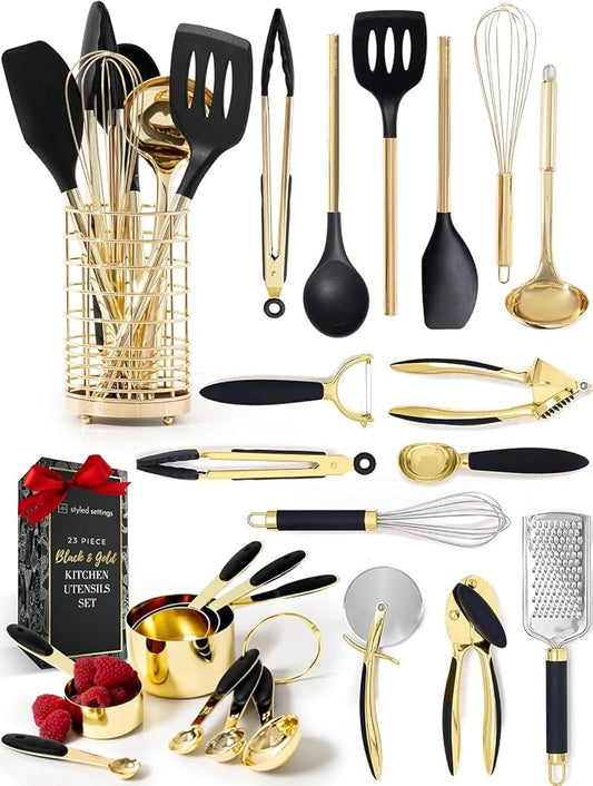 Styled Settings Black and Gold Kitchen Utensils Set, 23-Piece | Stainless Steel, Silicone, 23-Piece Kitchen Accessories Includes Gold Measuring Cups, Spoons, Cooking, and Kitchen Decor by STYLEDSETTINGS