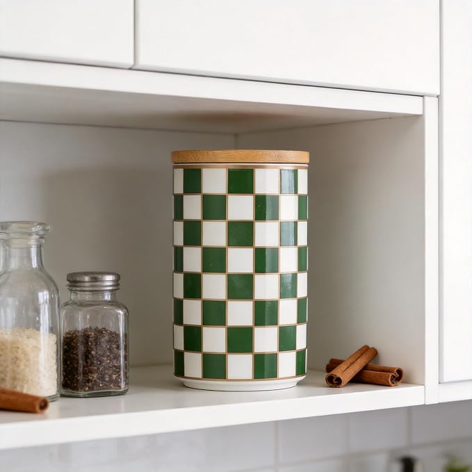 Kitchen Countertop Ceramic Checkered Canisters,Black And White Food Storage Containers With Lid,Airtight Kitchen Canisters for Flour, Sugar, Coffee, Tea, and Dry Goods (Green, Large) - Image 7