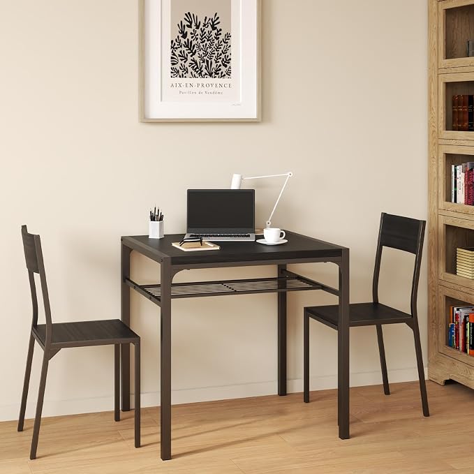 Gizoon 3-Piece Dining Table Set for 2, Small Kitchen Table & Chairs Black | Compact black 2-person dining set perfect for apartments. Features under-table storage rack and 2 chairs that tuck away. - Image 6