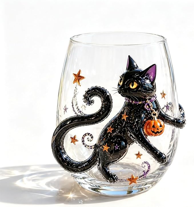 3D Halloween Artisan Glassware Collection, Premium Handleless Glass with Ghost, Pumpkin, Spider & Black Cat Gothic Style Artistic Glass Wine Goblet Designs, for Party & Cozy Fall Home Bar (B) - Image 6