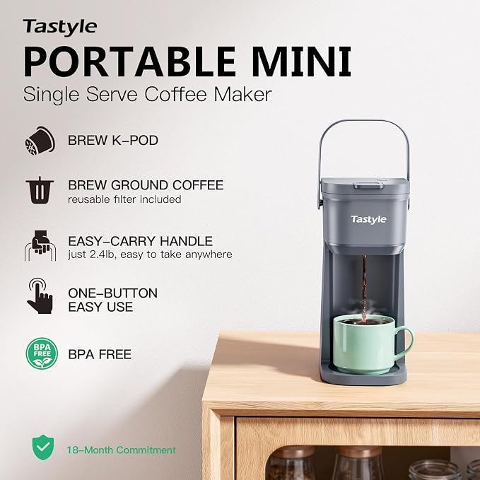 Tastyle Mini Single Serve Coffee Maker for K Cups and Grounds with Handle | for Travel, Camping, Office, RV and Dorm, Portable Handle, 6 to 12 Oz Brew Size, BPA Free, K302, Cool Gray - Image 2