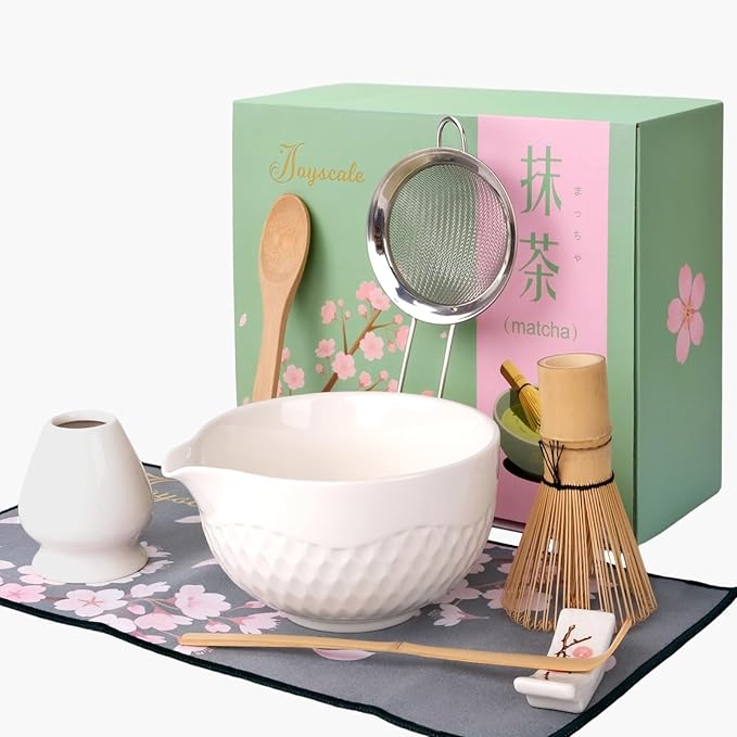 Joyscale Matcha Whisk Set, Matcha Set Whisk And Bowl, 8 Pcs Matcha Kit Set(Texture Design), 16 OZ, Japanese Matcha Tea Set, Matcha Making Kit Gifts for Tea Lovers(White)