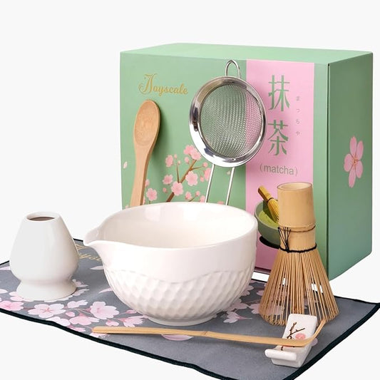Joyscale Matcha Whisk Set, Matcha Set Whisk And Bowl, 8 Pcs Matcha Kit Set(Texture Design), 16 OZ, Japanese Matcha Tea Set, Matcha Making Kit Gifts for Tea Lovers(White)