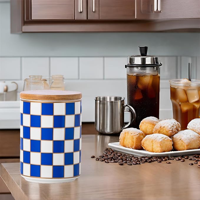 Kitchen Countertop Ceramic Checkered Canisters,Black And White Food Storage Containers With Lid,Airtight Kitchen Canisters for Flour, Sugar, Coffee, Tea, and Dry Goods (Blue, Small) - Image 8