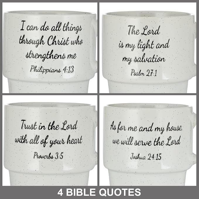 Signature Housewares Stackable Coffee Mug Tower Set with Metal Wire Rack - 15 Ounce Coffee Mugs for Coffee, Tea, Cocoa, Milk, Cappuccino, Hot Chocolate Set of 4 - Inspirational Bible Verses - Image 4
