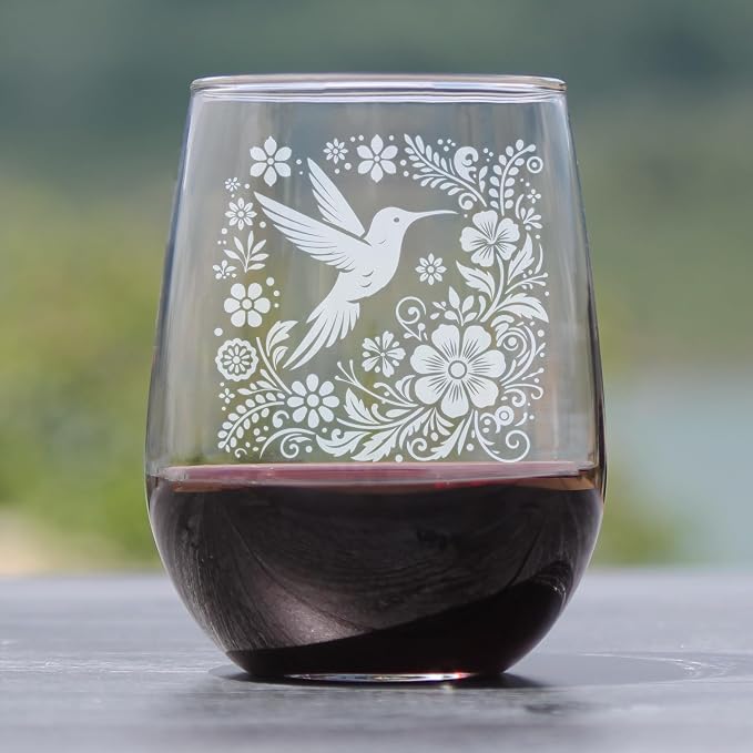 Hand Engraved Hummingbird Stemless Wine Glass, Etched Floral Nature Lover, Unique Botanical Garden Theme Glassware - Image 2