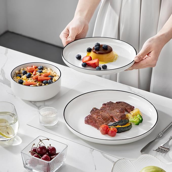 MALACASA Plates and Bowls Sets, 12 Pieces Modern Porcelain Dinnerware Set for 4 White Kitchen Dinner Dining Ware Set wtih Black Rim Ceramic Dishware Dishes Microwave and Dishwasher Safe, Series LUNA - Image 8