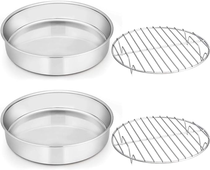 E-far 9½-inch Cake Pan with Rack Set, Stainless Steel Round Cake Pans and Baking Cooling Racks, Non Toxic & Healthy, Mirror Polished & Dishwasher Safe - 4 Pieces (2 Pans + 2 Racks) by E-far
