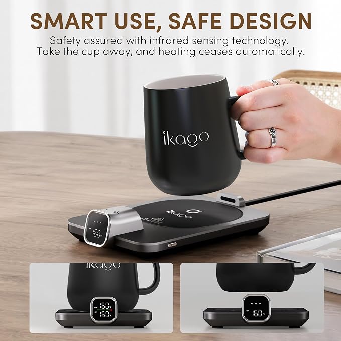 Coffee Cup Warmer & iKago Mug Set, 1℉ Precise Temp Control Mug Warmer | Auto Shut Off, Infrared Sensor, Dual Temp Display, ℉/℃ Optional, 15oz Mug with Spoon & Lid Included, Gifts for Men Women - Image 4