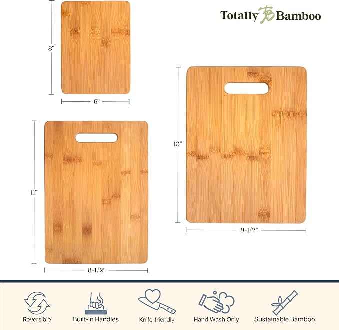 Totally Bamboo Cutting Board Set, 3 Reversible Cutting Boards for Kitchen | Small, medium & large bamboo boards for everyday meal prep. Smooth, knife-friendly surface for meat, produce, cheese & bread. - Image 5