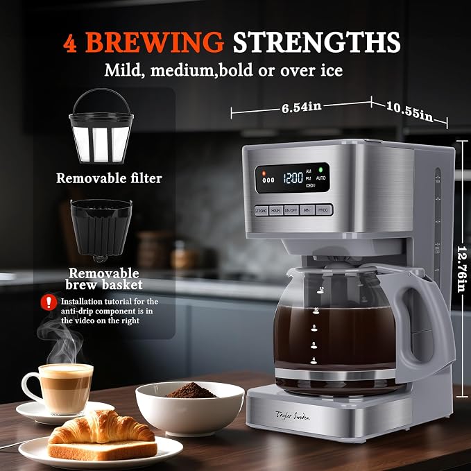 Taylor Swoden Iced Coffee maker 12 Cup, Gray & Stainless Steel | Programmable Coffee Maker, 4 Brew Strength, 24H Timer, Keep Warm&Auto Shutoff- Drip Coffee Machine for Home/Office, - Image 7