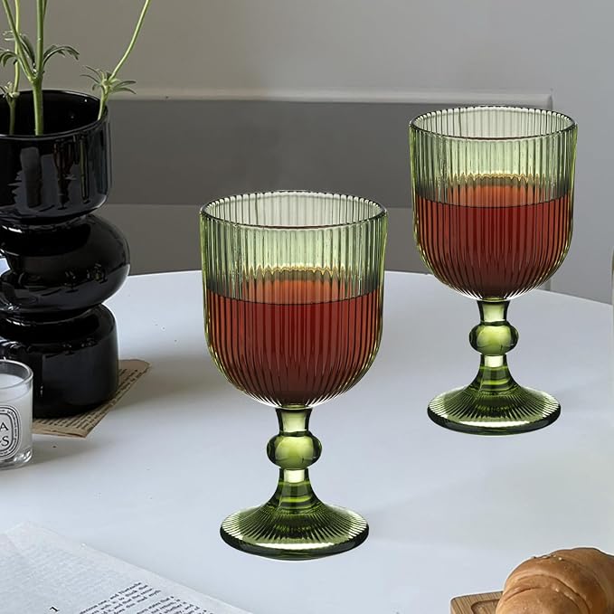 Green Vintage Wine Glasses Set of 6, 11 Ounces Colored Glass Water Goblets, Unique Embossed Pattern High Clear Stemmed Glassware Wedding Party Bar Glass Drinking Cups Fancy Glasses Vertical Line - Image 2
