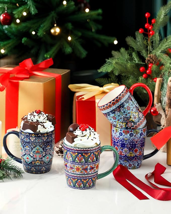HASENSE Coffee Mugs, 15 OZ Coffee Cups Ceramic Set of 4 with Handle and Bohemian Style for Man Woman, Vintage Stoneware Porcelain Coffee Cups Set for Tea, Cocoa, Milk, Latte and Cappuccino - Multi - Image 5