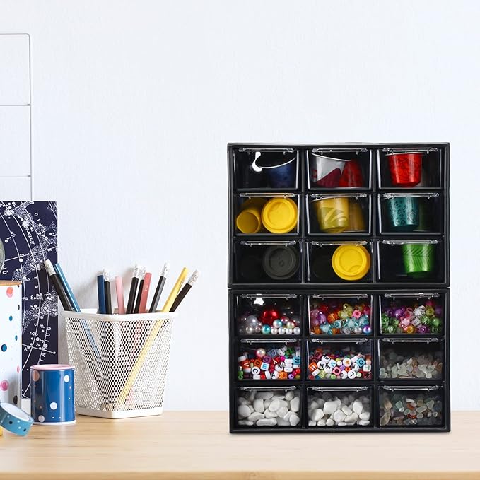 Marsui 4 Pack Desktop Storage Organizer with 9 Drawers Craft Organizer with Mini Drawers Plastic Organizers and Storage Containers for Craft Art Jewelry Cosmetics Sewing Supplies Accessory(Black)