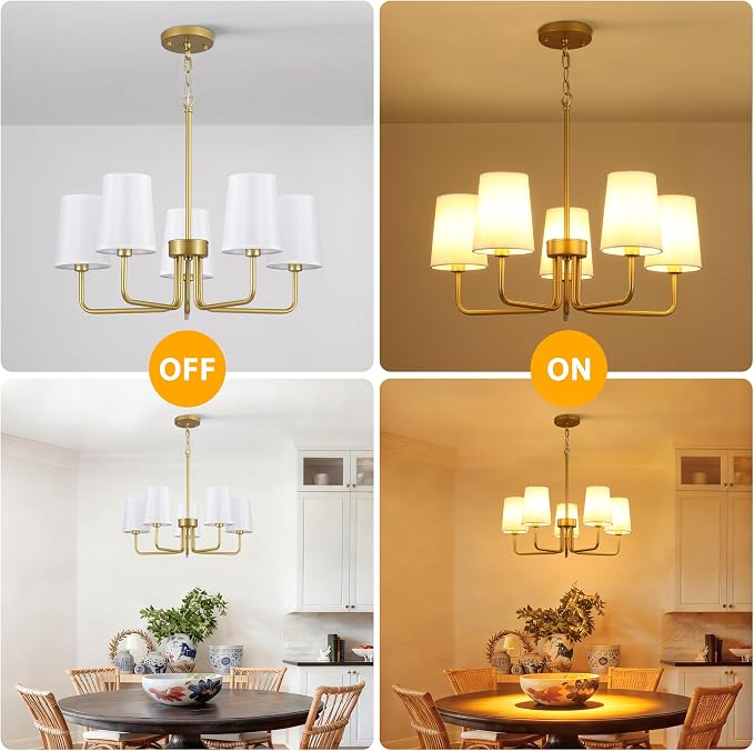 Modern Farmhouse Chandelier, 5-Light Gold Chandelier White Fabric Shade, Height Adjustable Industrial Pendant Light for Kitchen Over Table, 25‘’Dining Room Light Fixture for Living Room - Image 8