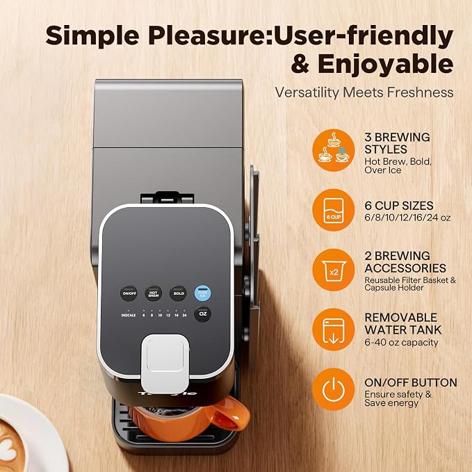 Tastyle Hot & Iced Coffee Maker with Magnetic K-Pod Holder, Fits 7.3'' Mug | Stores 10 Pods, for K Cup & Grounds, Compact for Home, Office & RV， Brew 6-24oz Coffee, 40 oz Removable Tank, K330CH, Black - Image 2
