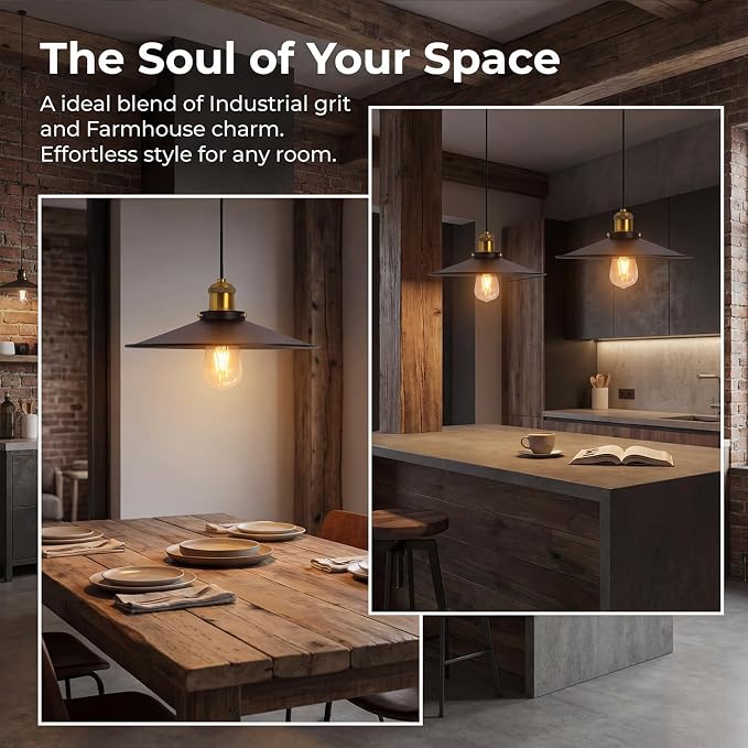 KCO Lighting 14.2” Industrial Black Dome Pendant Light Modern Farmhouse Kitchen Pendant Lighting Over Island Mid Century Hanging Light Fixture for Dining Room Living Room Cafe - Image 4