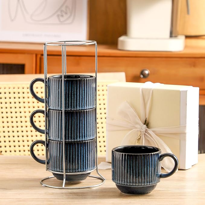 glowworm Coffee Mugs Set of 4, 15 Oz Stackable Coffee Mugs with Rack, Ceramic Cups for Home, Office, Housewarming & Engagement Gifts, Microwave & Dishwasher Safe, Navy Blue - Image 5