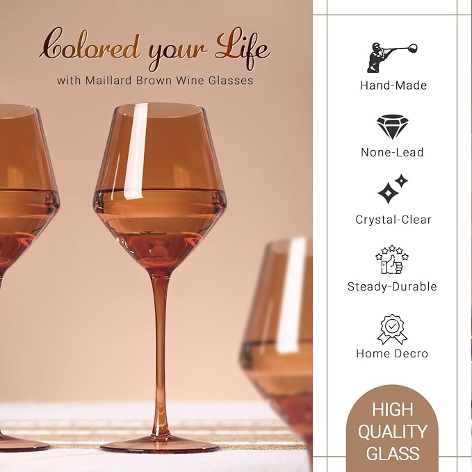 Brown Wine Glasses Set 6-16oz Long Stem-African American Wine Glasses - Hand Blown Amber Stemware for Wedding,Birthday Party and Home Party - Image 3