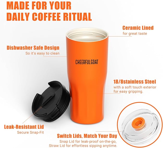CHEERFUL GOAT Ceramic Lined Coffee Travel Mug – Stainless Steel Travel Coffee Tumbler with Ceramic Liner, with lid, 21 OZ Cup for Hot and Cold Water Coffee at Home, Office, or On the Go (Orange) - Image 4