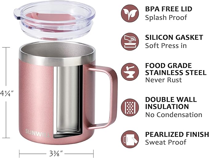 SUNWILL Travel Coffee Mug with Lid, Insulated Tumbler with Handle, 14 oz Stainless Steel Cup for Ice, Water, Tea, Rose Gold - Image 2