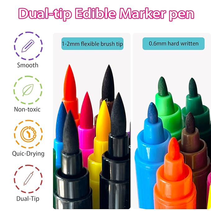 Black Edible Markers for Cookie Decorating - 2pcs Black Food Coloring Pen Double Sided Fine Tips Edible Pens, Halloween Food Grade Marker Pens for Baking Decorating, Fondant, Chocolate, Frosting