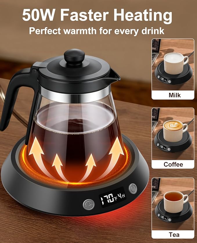 Kepwam Coffee Mug Warmer - 50W Electric Coffee Warmer for Desk 3 Temp Settings & 2-9 Timer Smart Cup Warmer for Desk Candle Warmer Plate with LED Lights Beverage Tea Milk Warmer for Home & Office - Image 5