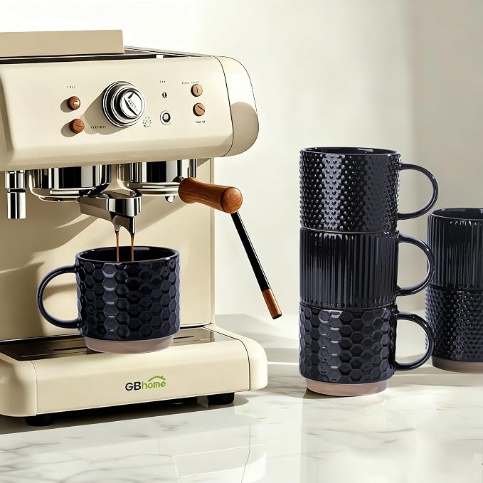 GBhome 15 OZ Stackable Coffee Mugs Set of 4, Ceramic Coffee Cups Set | 4 Assorted Designs, Embossed Mugs with Texture Patterns for Tea/Coffee, Dishwasher&Microwave Safe, BLACK - Image 5