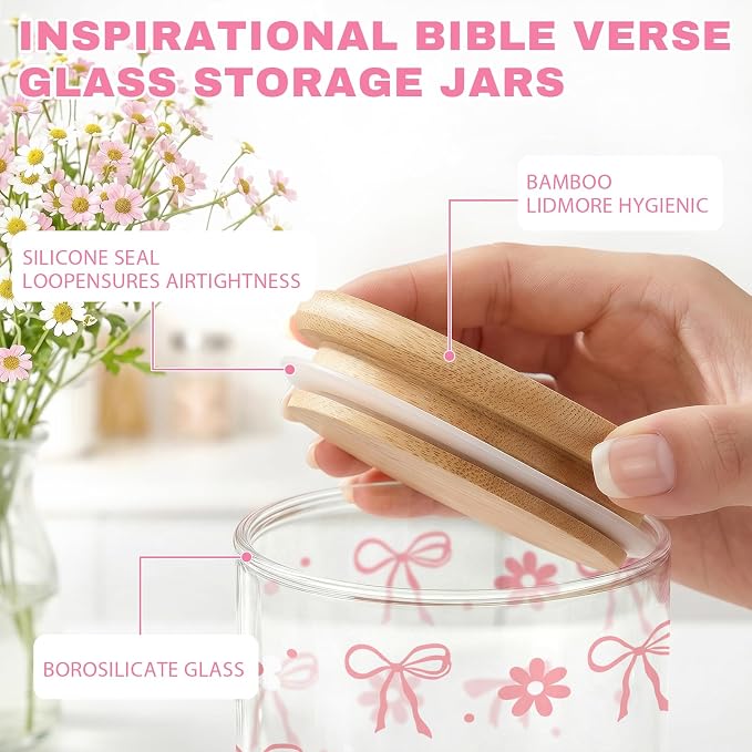 Pink Christian Glass Storage Jar with Lid, Candy Cookie Jars, 3Pcs | Pink Bow Candy Cookie Jars Christian Bible Verse Kitchen Canister Gifts for Women Cute Coquette Kitchen Containers - Image 4