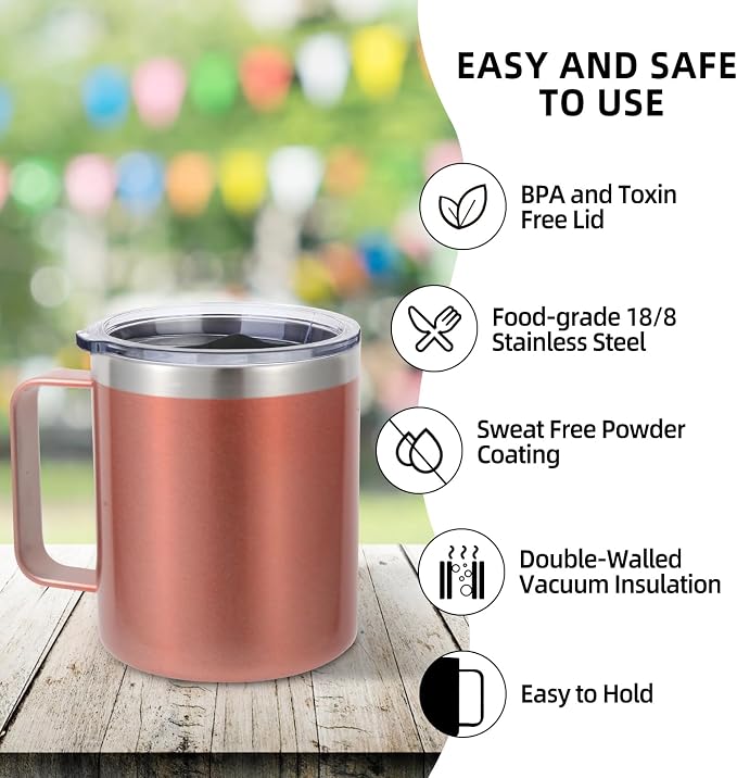 Volhoply 14oz Insulated Stainless Steel Coffee Mug with Lid Bulk 8 Pack,Double Wall Vacuum Travel Coffee Cup with Handle,Reusable Cups Tumbler Cup,Camping Mugs Keep Hot,Ideal Gifts(Rose Gold,8) - Image 4