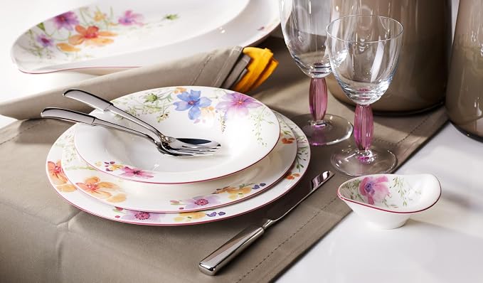 Villeroy & Boch Mariefleur Basic Rim Soup, 9 in, Premium Porcelain, White/Multicolored | White multicolor porcelain soup plate, made in Germany, dishwasher and microwave safe, drip-free serving for soup - Image 2