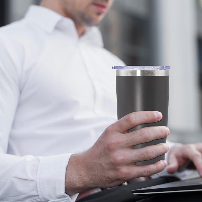 20oz Tumbler Insulated Coffee Tumblers with Lid Stainless Steel Grey 8P | 20 oz Tumblers Double Wall Insulated Vacuum 20oz Coffee Mug Leak Proof Tumblers with Lid Powder Coated - Grey 8 Pack - Image 7