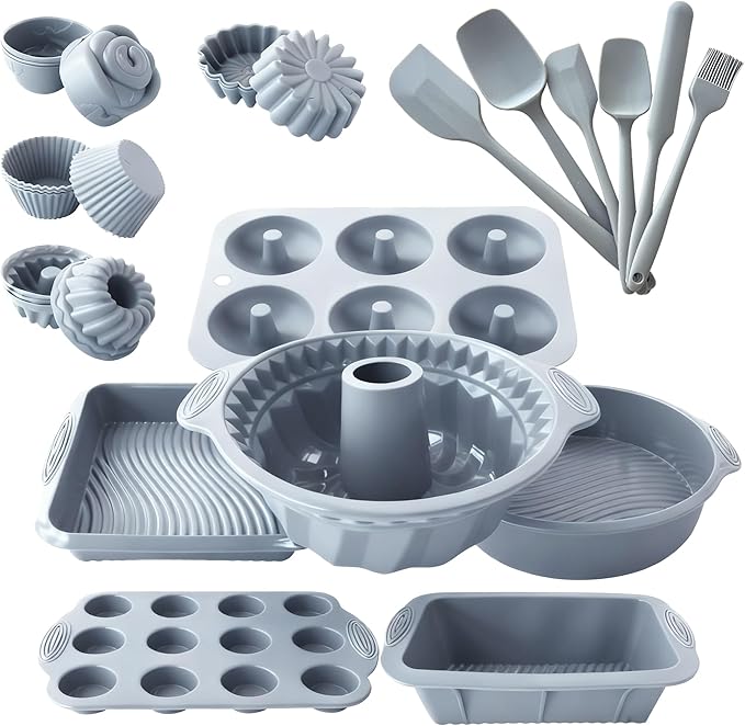 24 PCS Nonstick Silicone Baking Pans Set,With Baking Pan Cake Molds,Fluted Pans,Donut Pan,Muffin Pan,Nonstick Cake Pan Reusable Tube Oven Baking Mold for Muffin, Cake, Bread(Light Grey)