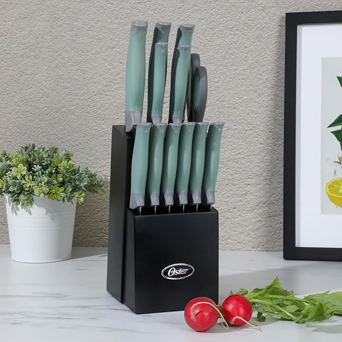 Oster Lindbergh 14 Piece Stainless Steel Kitchen Knife Block Set - Sage Green W/Black Knife Block - Cuchillos Para Cocina - Image 2