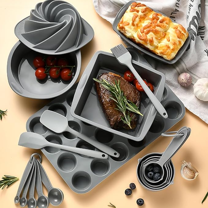 Baking Pans Set Non Stick, 18 PCS Silicone Bakeware Sets Non Toxic with Square/Round Cake Pan, Cupcake Molds, Spatula, Baking Brush and Measuring cups, Heat Resistant, Dishwasher Safe, Gray