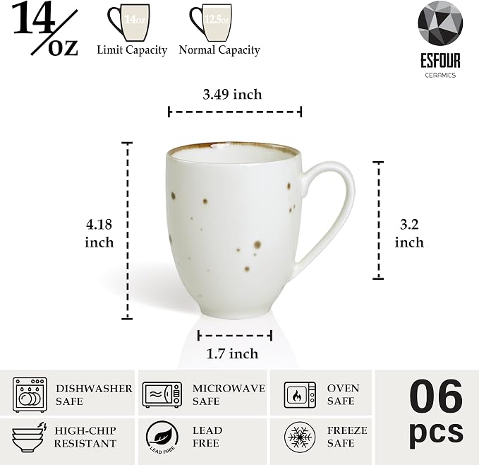 Esfour Ceramics Coffee Mugs Set Of 6, 14 Oz Large Handle Heavy Duty Cups - Microwave Dishwasher Safe - Latte, Cappuccino, Tea, Cocoa, Mocha - Men, Women, Home Office Daily Use, Classic Assorted Colors - Image 2