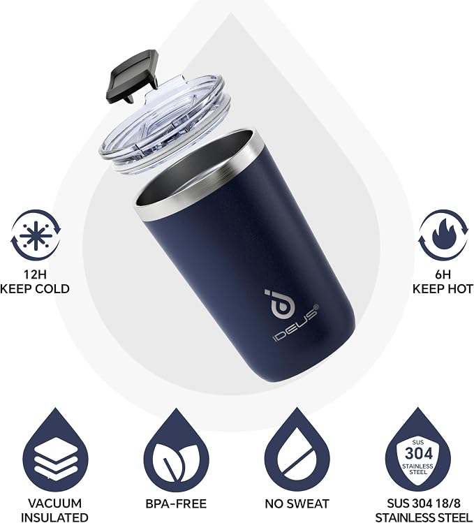 Ideus 20 oz Tumbler, Travel Coffee Mug with Splash Proof Sliding Lid, Double Wall Stainless Steel Vacuum Insulated Coffee Mug for Home and Office, Keep Beverages Hot or Cold, Navy blue - Image 2