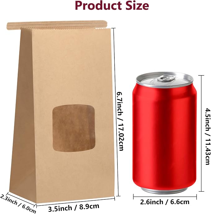Brown Paper Bakery Bags with Window for Cookies, 3.54 x 2.36 x 6.7 inches, 50 Pack with Tin Tie Tab Lock, Brown Paper Bags for Cookie Coffee Bread Bakery Packing - Image 2