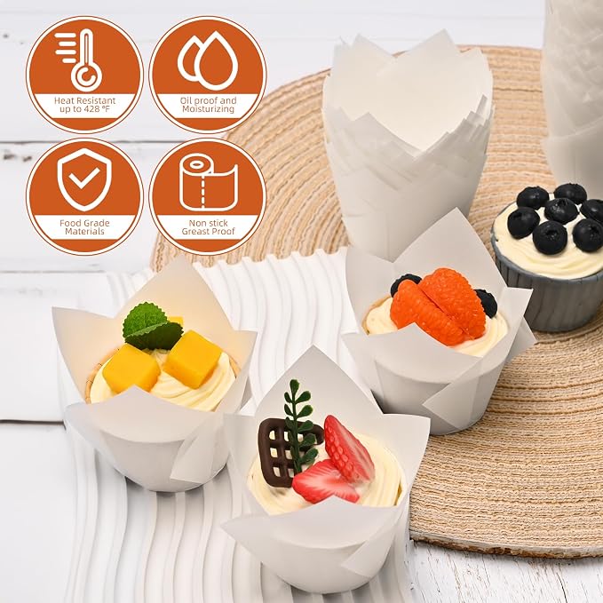 200pcs White Tulip Cupcake Liners for Baking Cups, Premium Parchment paper Tulip Muffin Liners, Greaseproof Cupcake Wrapper for Party, Christmas by JIRNGLA - Image 4