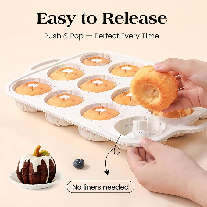 Vinino 3 Inch Silicone Mini Fluted Tube Cake Pans, 2 Pack with Metal Frame | 12-Cavity Mini Cake Mold Set for Batch Baking, Perfect for Flan, Donuts, Muffins, Brownies & Desserts - Image 3
