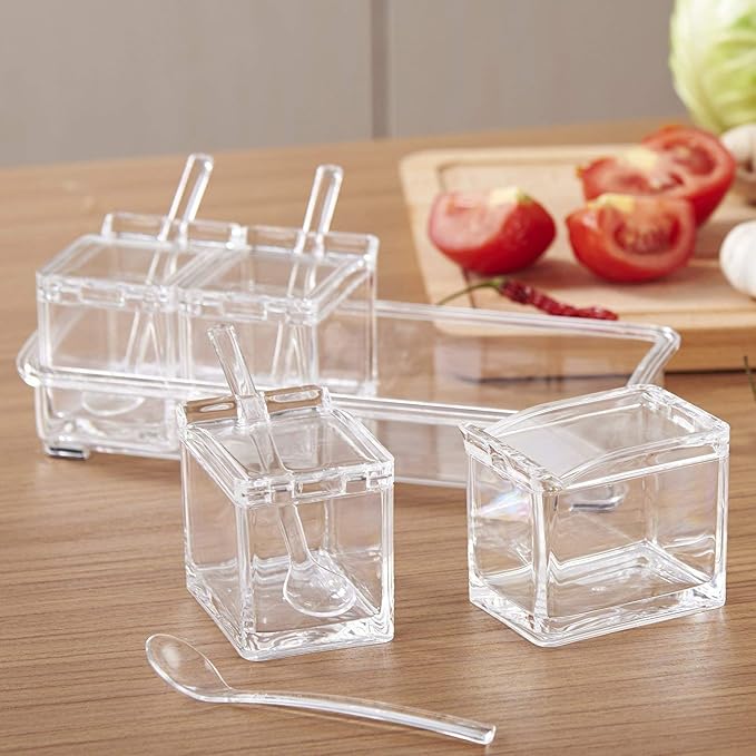 Clear Seasoning Rack Spice Pots by AIQI - 4 Piece Acrylic Seasoning Box - Storage Container Condiment Jars - Cruet with Cover and Spoon - Image 4