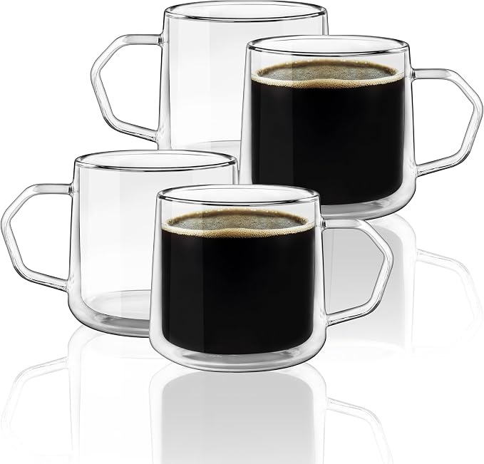 Double Wall Glass Coffee Mugs with Handle, 10oz Insulated Borosilicate Clear Cups for Latte Cappuccino Espresso Tea, Set of 4 by Unknown
