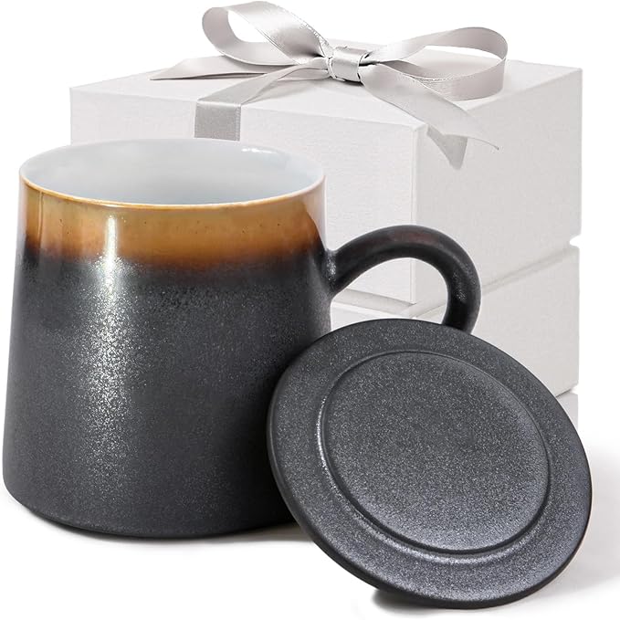 Handmade Ceramic Coffee Mugs, 11.2 OZ Colored Glaze Coffee Cups with Lids, Thanksgiving Gift, Birthday Gift Women, Mom, Dad, Friend, Sister, Brother, Dishwasher and Microwave Cups