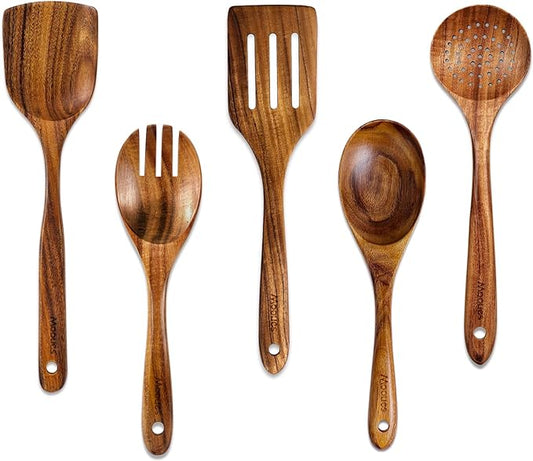 Wooden Kitchen Utensil Set, 5 PCS Natural Teak Wooden Spoons for Cooking | Wooden Spoons for Cooking with Comfort Grip, Smooth Durable Heat Resistant Cooking Spoons and Cooking Utensils for Cooking by Mooues