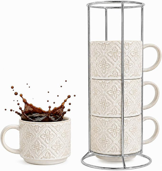 6 Oz Coffee Cups with Stand, Stackable Espresso Cups Set of 4, Ceramic Cappuccino Cup, Embossed Coffee Mugs for Latte, Cocoa, Mocha, Tea, Housewarming Wedding Present, Dishwasher Safe by Unknown