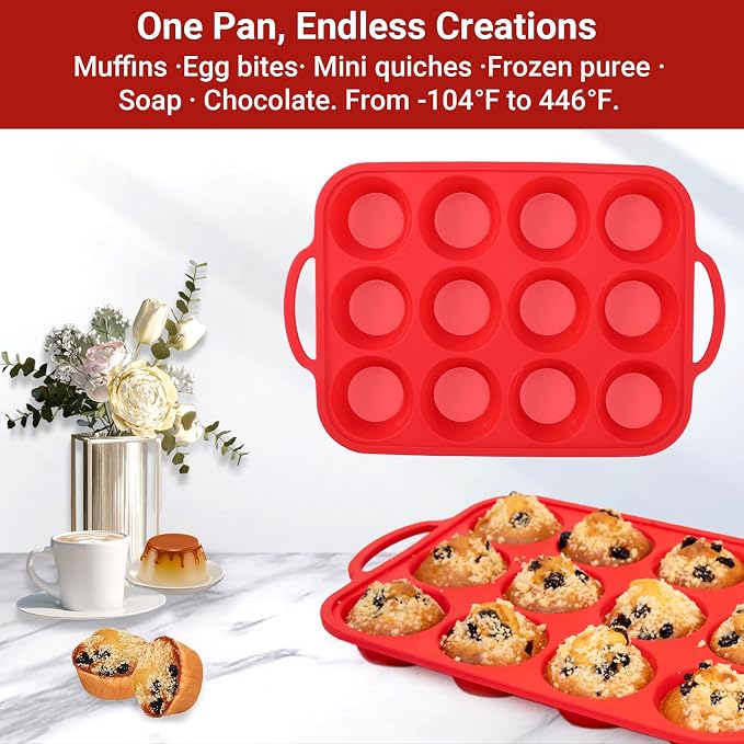 Redfly Silicone Muffin Pans for Baking 12 Cup with Metal Reinforced Frame, Nonstick 2Pack Regular Size Cupcake Pan, BPA Free Food Grade, Easy Release, Dishwasher Oven Freezer Safe for Egg Bite Molds - Image 7